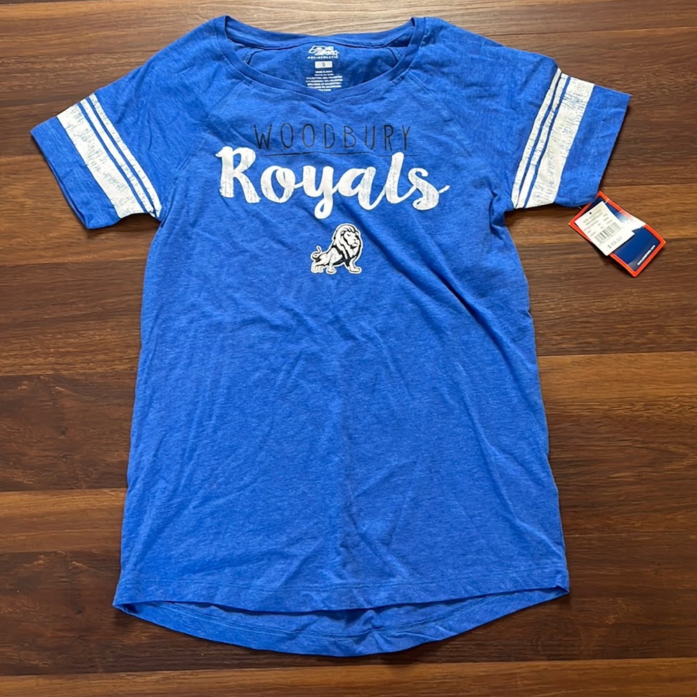 Pel Athletic, Woodbury Royals, blue/black, short sleeve v-neck, S, new with tags
